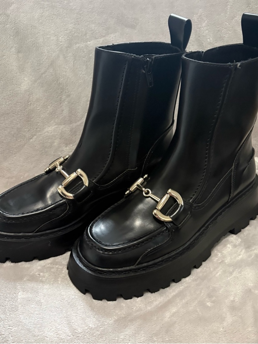 Black Platform Ankle Boots with Silver Bit Detail